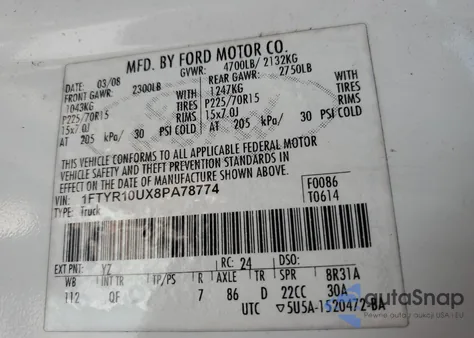 2008 Ford Ranger z USA, uszkodzony, nr VIN 1FTYR10UX8PA78774